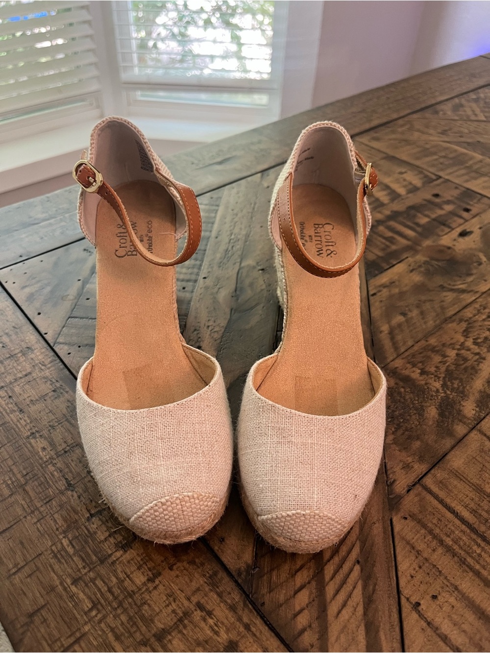 croft & barrow Beige Linen Espadrille Wedge Sandals with Tan Ankle Strap